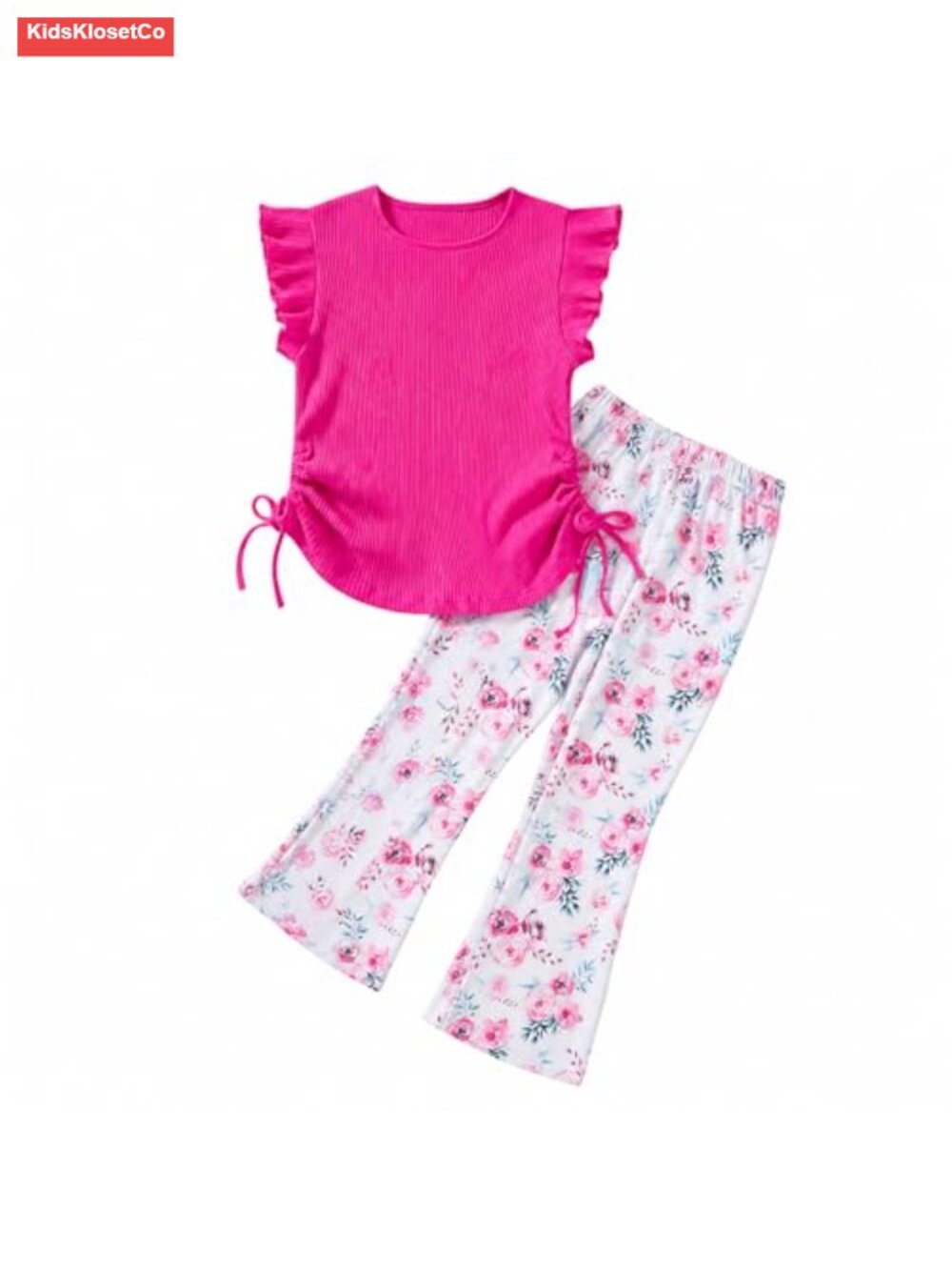 Girls 2 Piece Set Floral Bell Bottom Pants Sleeveless Ribbed Top Cotton Spandex